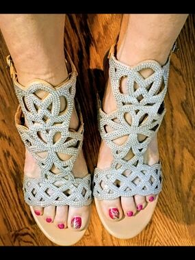 Embellished Cutout Gladiator Sandals in Silver